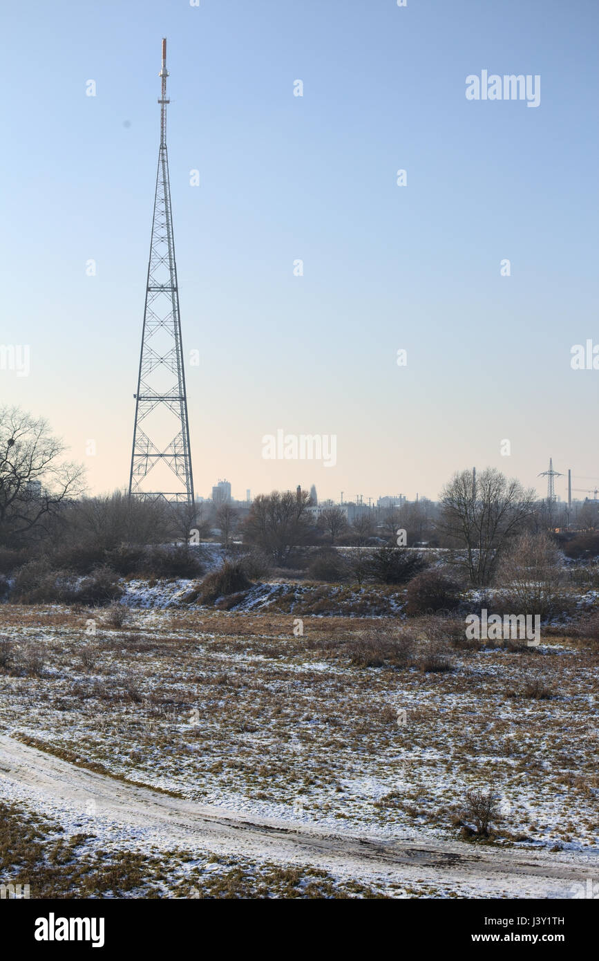 Radio tower in Magdeburg, Germany, in a winter landscape Stock Photo