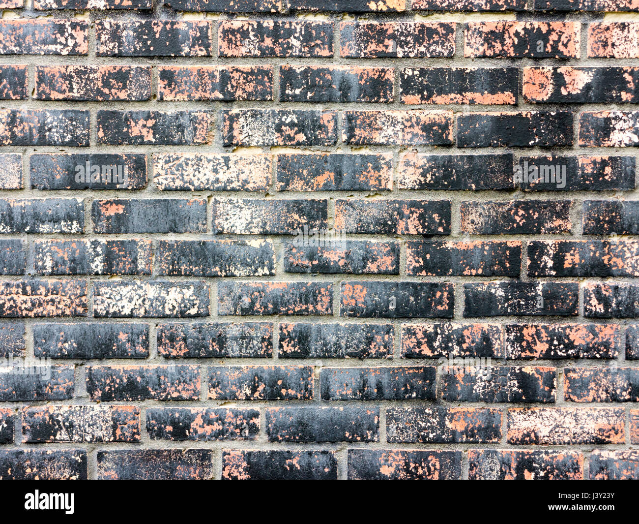Section of red brick wall with distressed black painted bricks with peeling paint Stock Photo