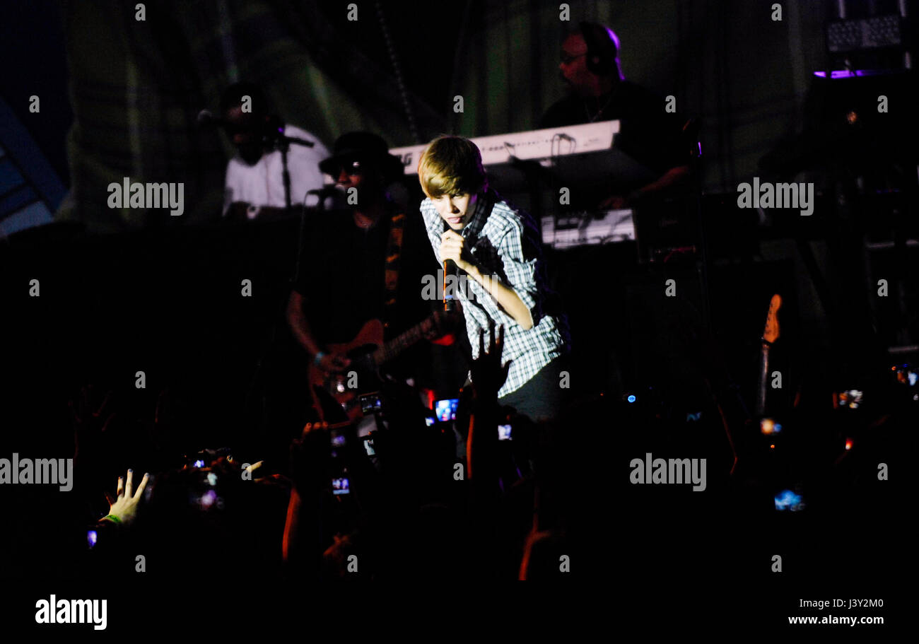 Justin Bieber performs at THe Hollywood Palladium on February 14, 2010 in Hollywood. Stock Photo