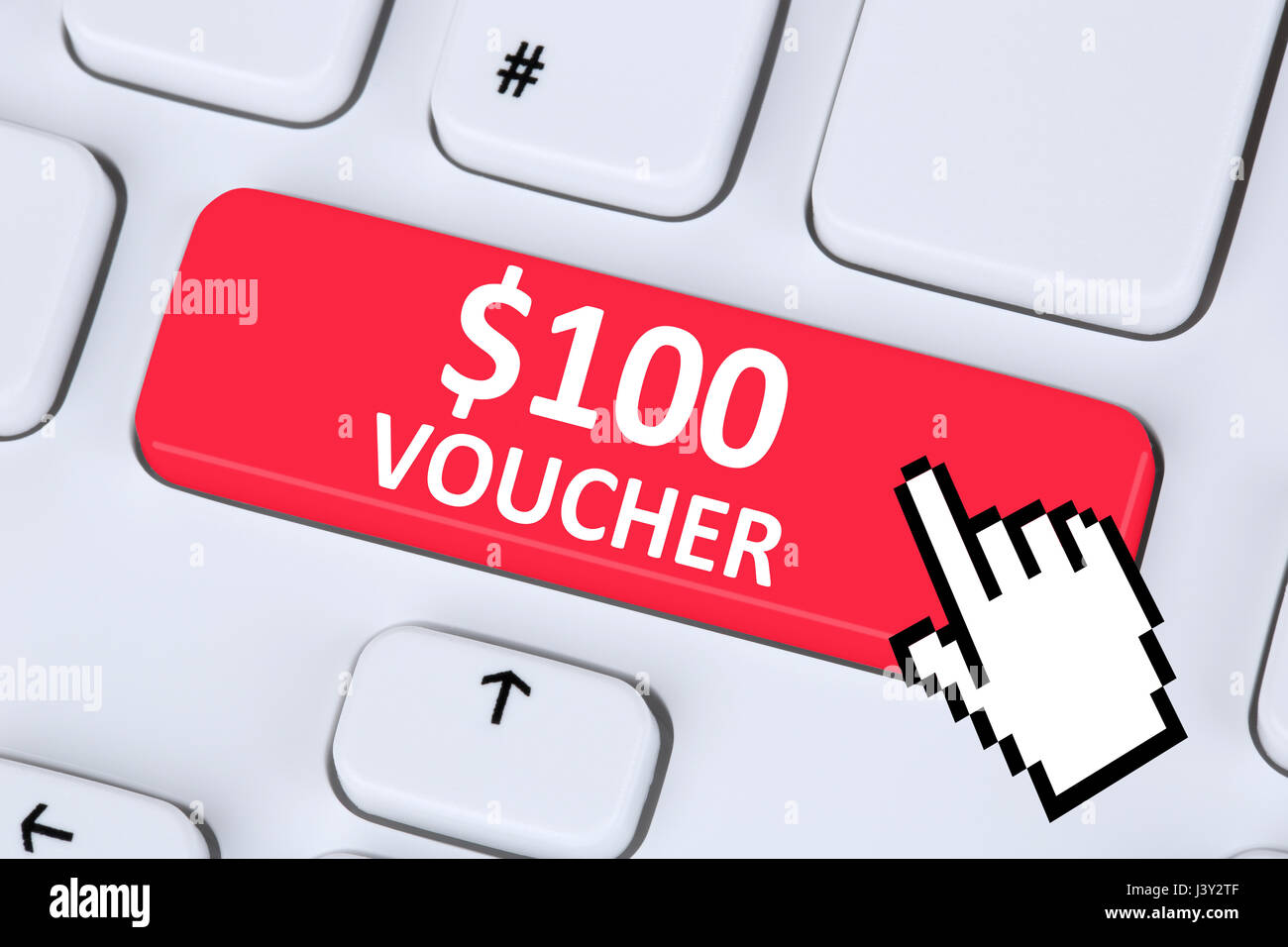 100 Dollar voucher gift discount sale online shopping internet shop computer Stock Photo