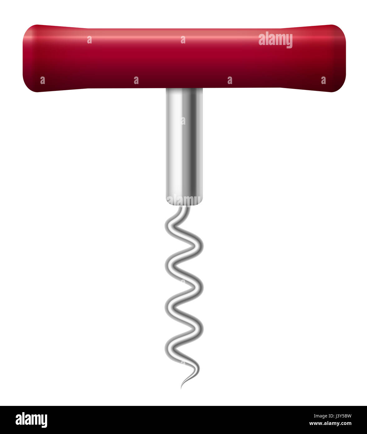 Corkscrew with wine red handle - traditional version of basic winery tool - 3d illustration on white background. Stock Photo