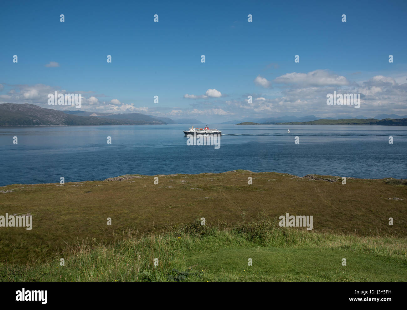 View from Duart Point on the Isle of Mull, Scotland with a Caledonian MacBrayne car ferry. Stock Photo