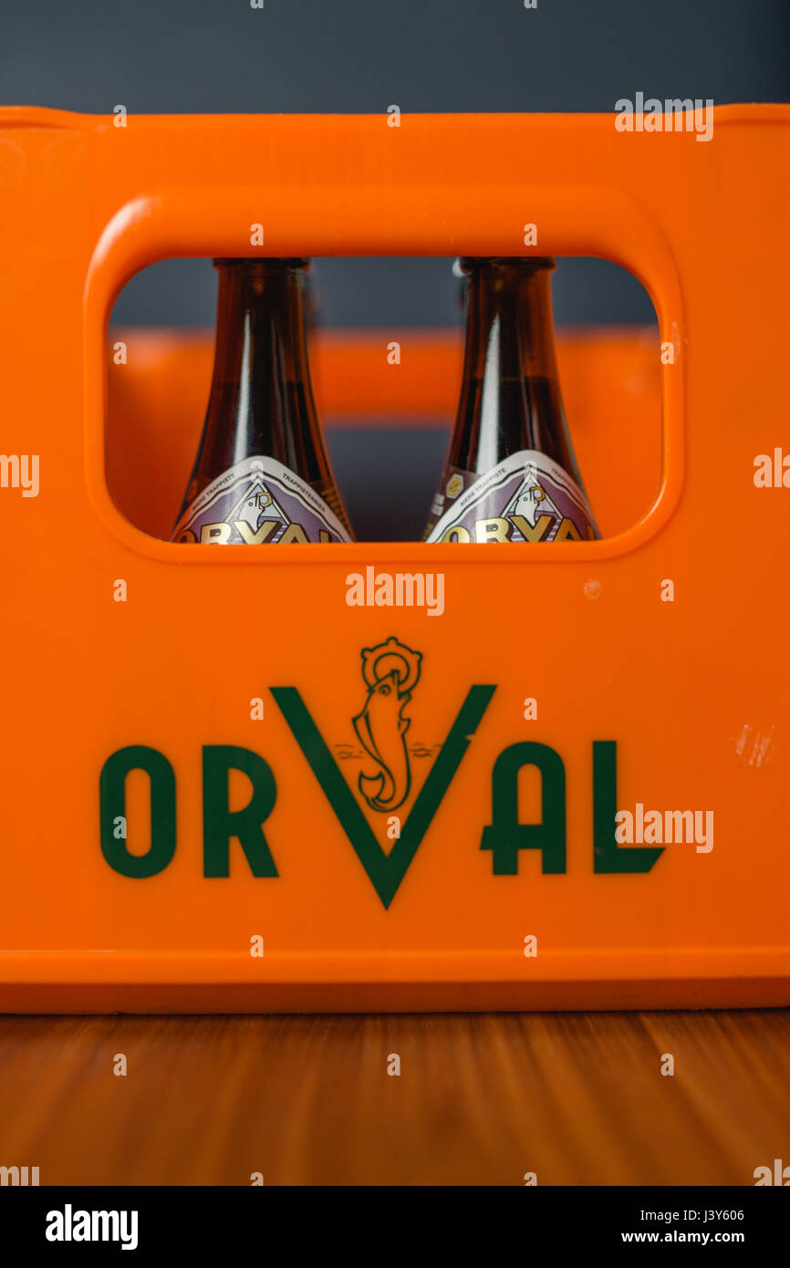 selection of bottles of Belgian Trappist Orval in it's orange case Stock Photo