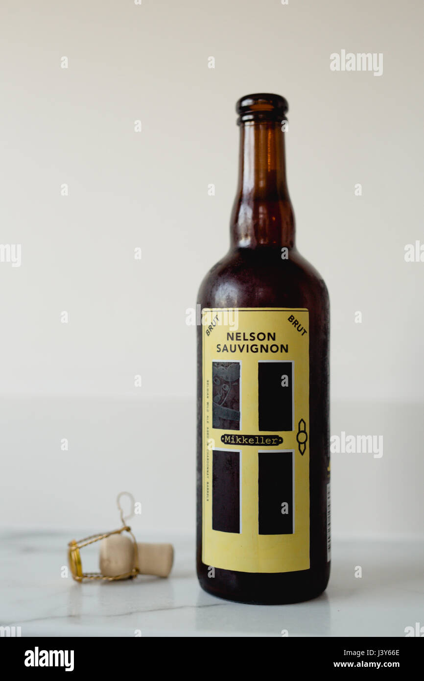 Mikkeller Nelson Sauvignon Brut Belgian Strong Ale aged in white wine barrels Stock Photo