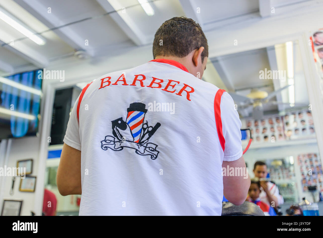 Hairdresser cutting hair in barbershop Stock Photo