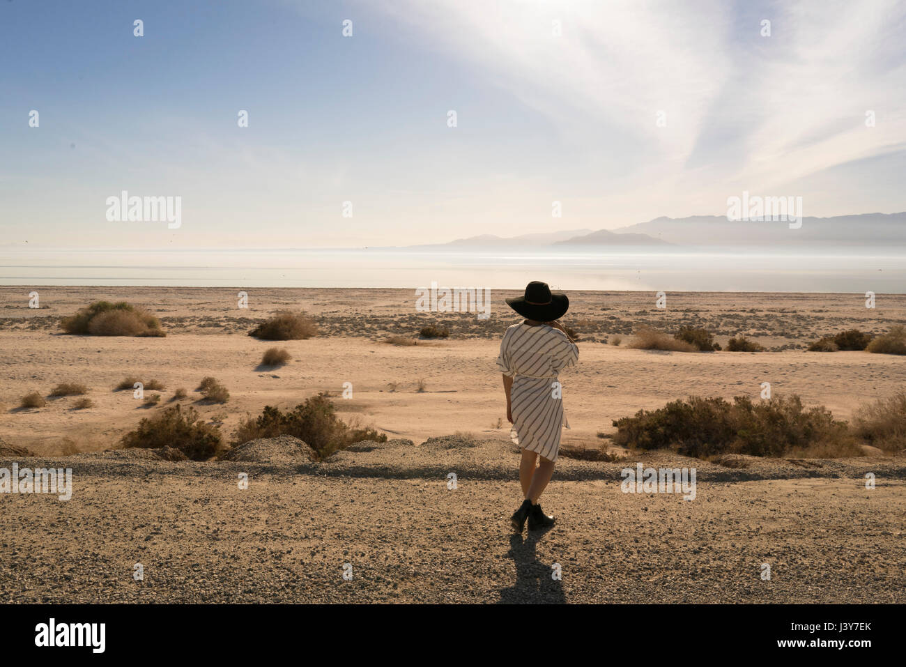 Rear view of woman wearing sunhat looking away at desert, Salton Sea, California, USA Stock Photo