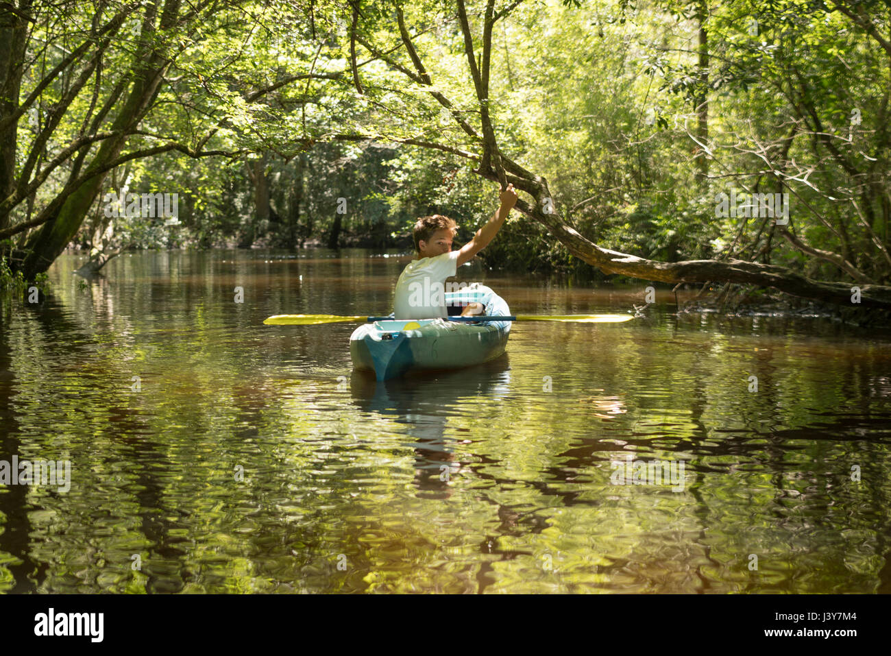 Teenage boy in kayak, Econfina Creek, Youngstown, Florida, USA Stock Photo