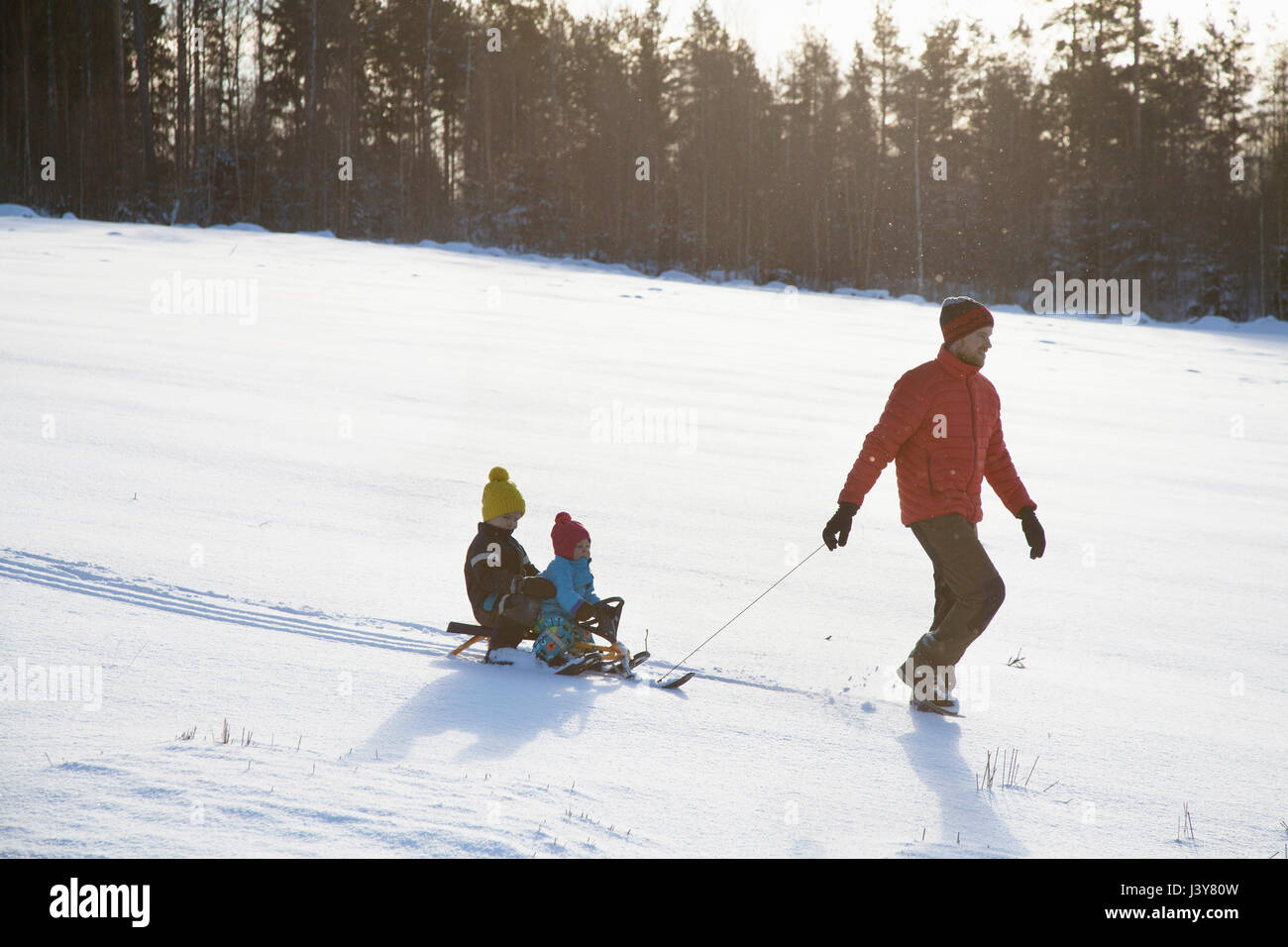 Father pulling sons along on sledge in snow covered landscape Stock Photo