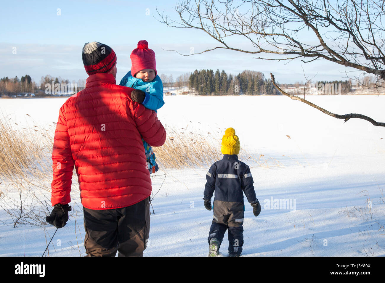 Father and two sons walking in snow covered landscape, rear view Stock