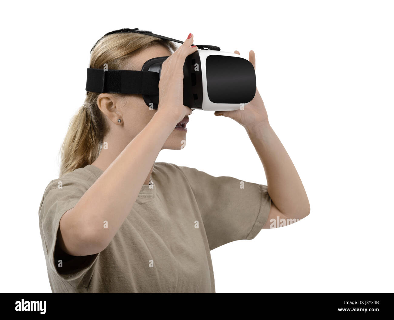 Woman using a HMD head mounted display 3d video goggles Stock Photo