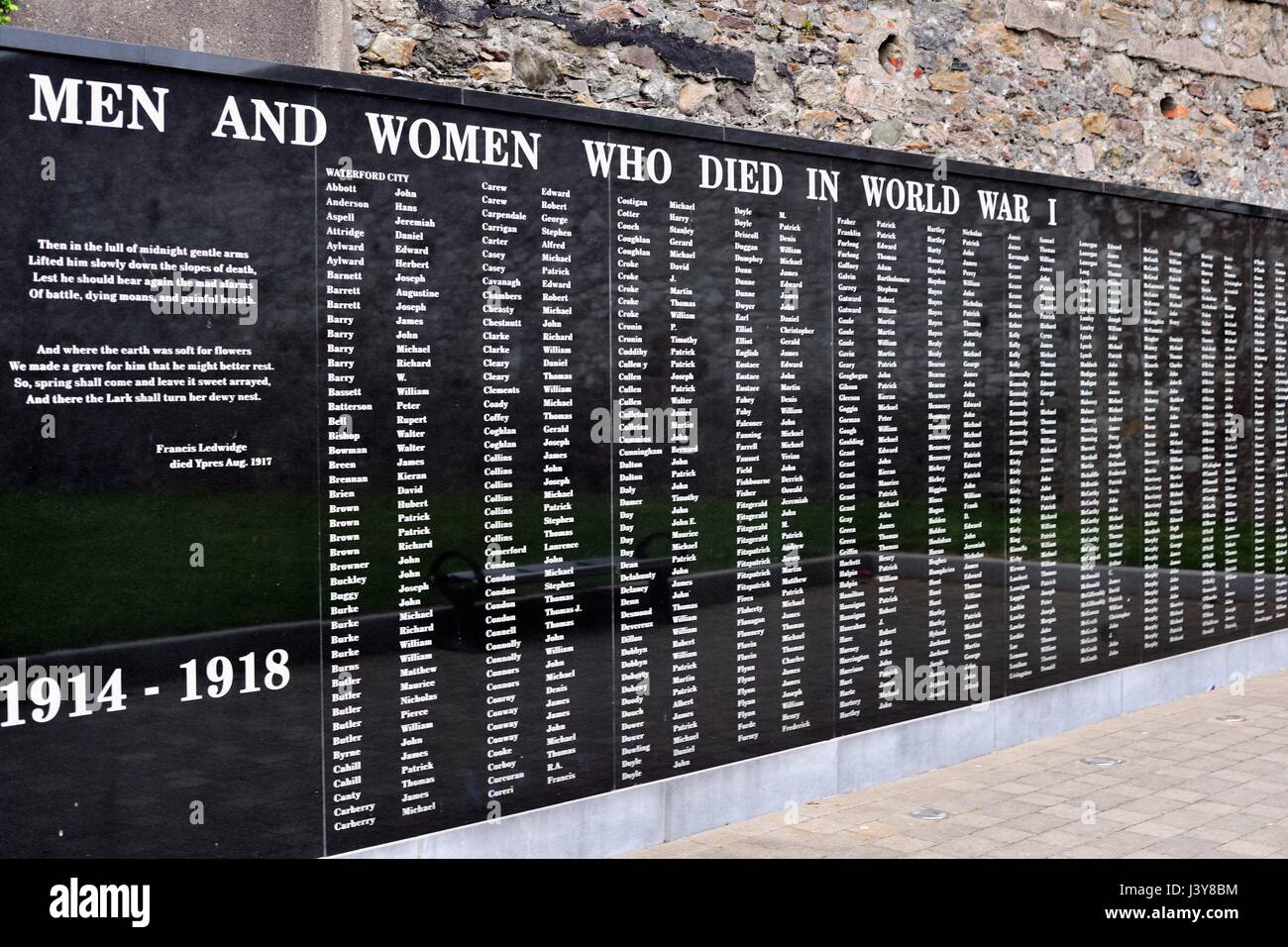 A World War I memorial to the men and women of County Waterford built at the base of Dungarvan Castle in  Dungarvan, Ireland. Stock Photo