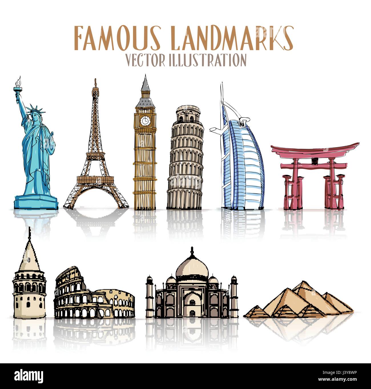 Set of Colorful Drawing of Famous and Popular Landmarks for Traveling  Isolated in White Background. Vector Illustration Stock Vector Image & Art  - Alamy