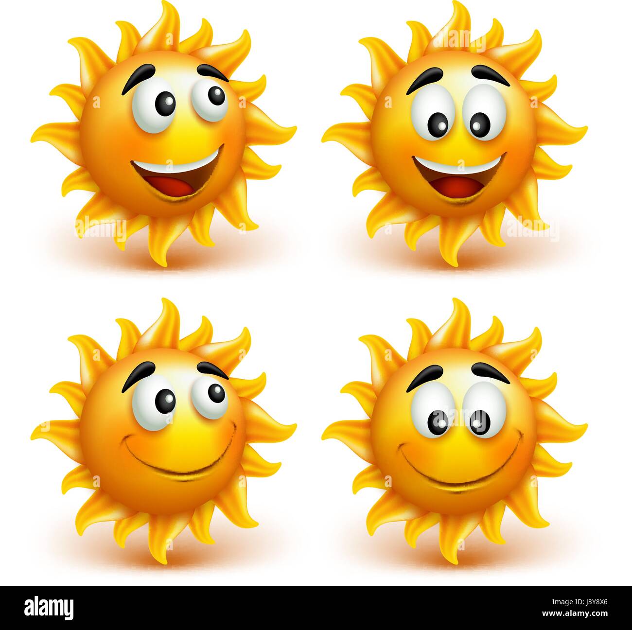 Vector Set of Summer Sun Faces Showing Happy Big Smile on their Face Sun Character Elements Isolated in White Background. Vector Illustration. Stock Vector