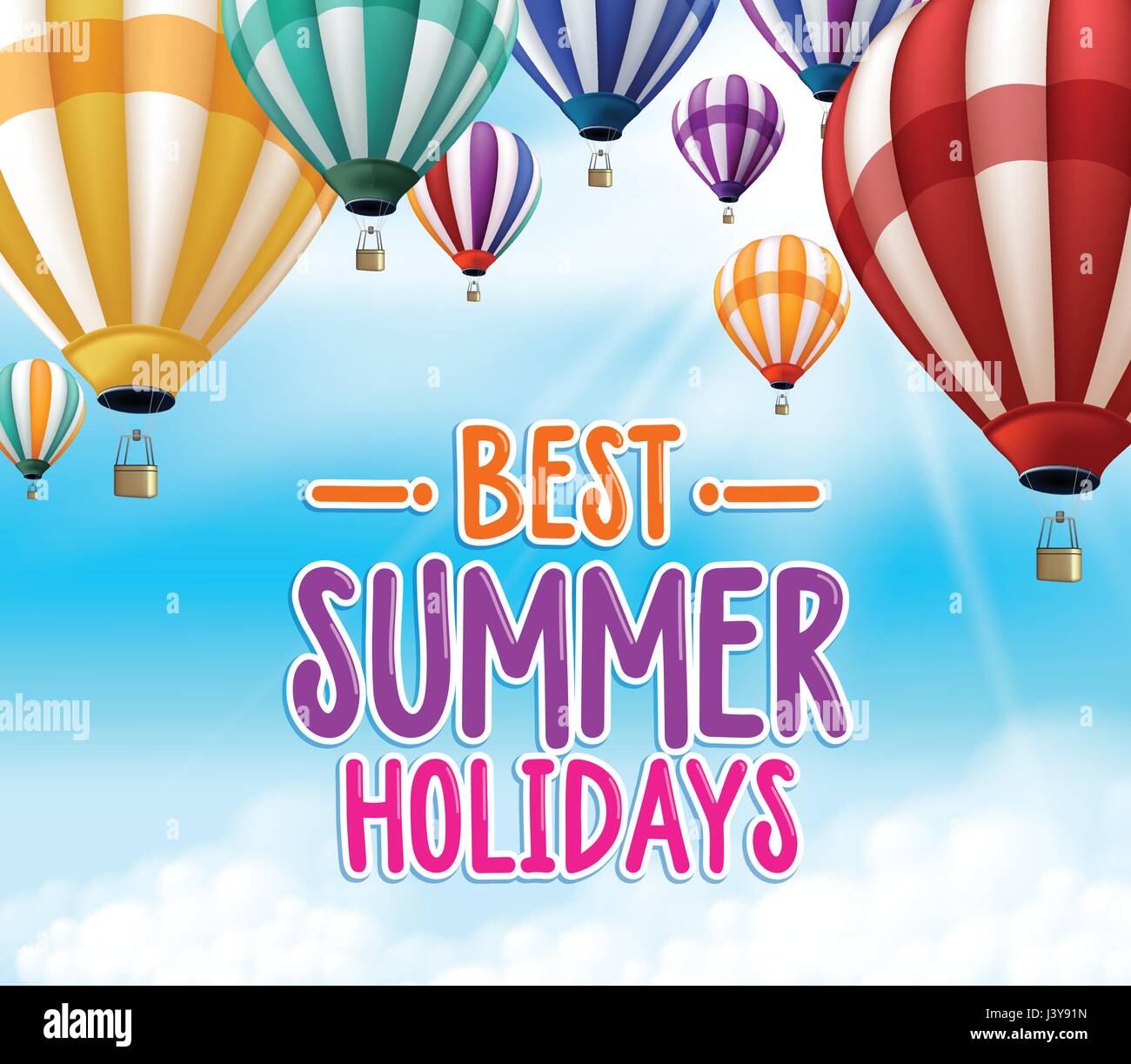 Flying Hot Air Balloons Vector Background in the Blue Sky with Sun Rays ...