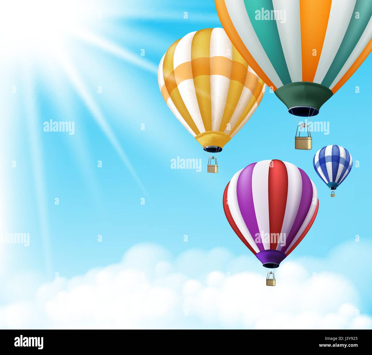 Vector Hot Air Balloons Flying in the Blue Sky Background with Sun Rays ...
