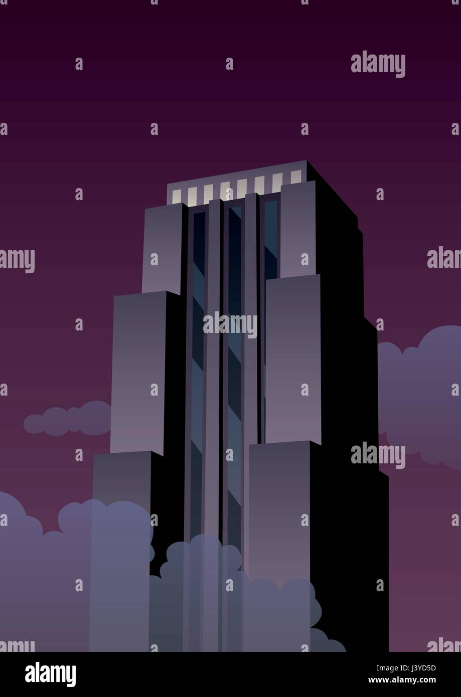 Cartoon skyscraper at night in Art Deco style. Stock Vector