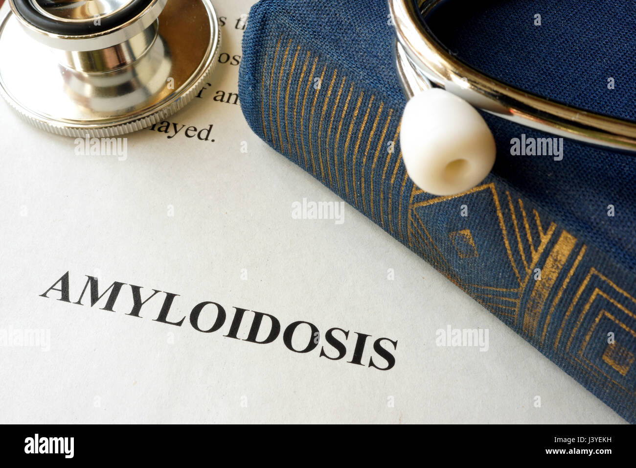 Document with diagnosis amyloidosis in a hospital. Stock Photo