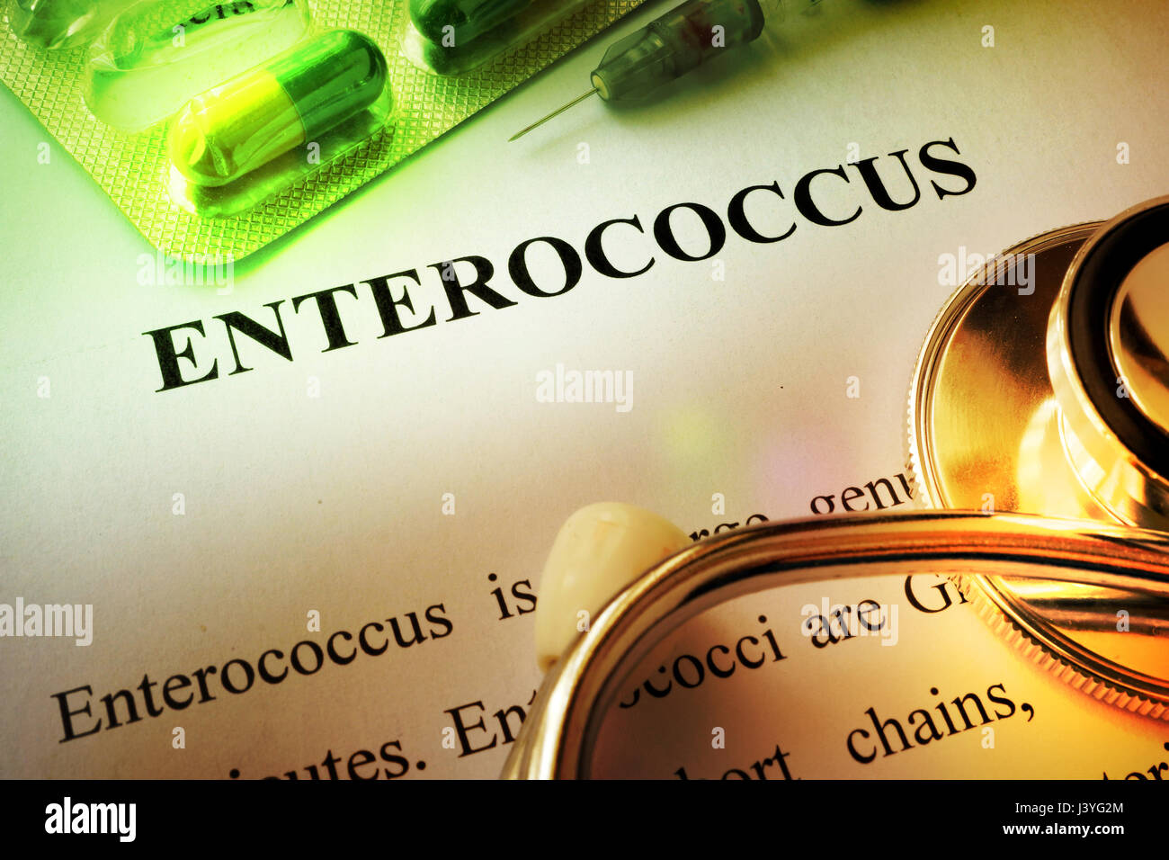 Page of book with title Enterococcus infection. Stock Photo