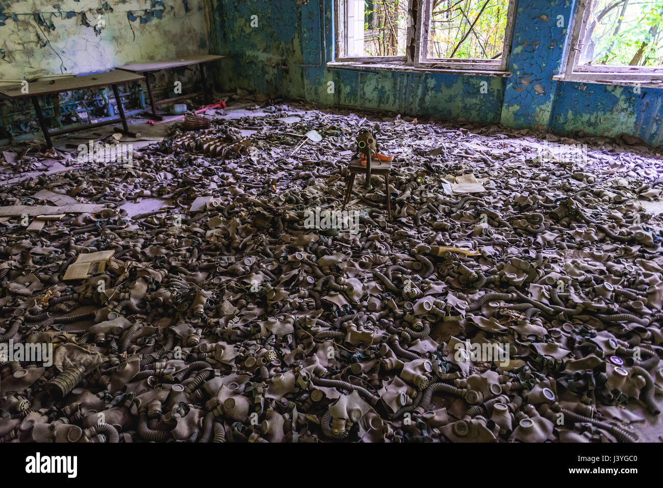 Gas masks on a floor in High school No 3 in Pripyat ghost city of Chernobyl  Nuclear Power Plant Zone of Alienation in Ukraine Stock Photo - Alamy