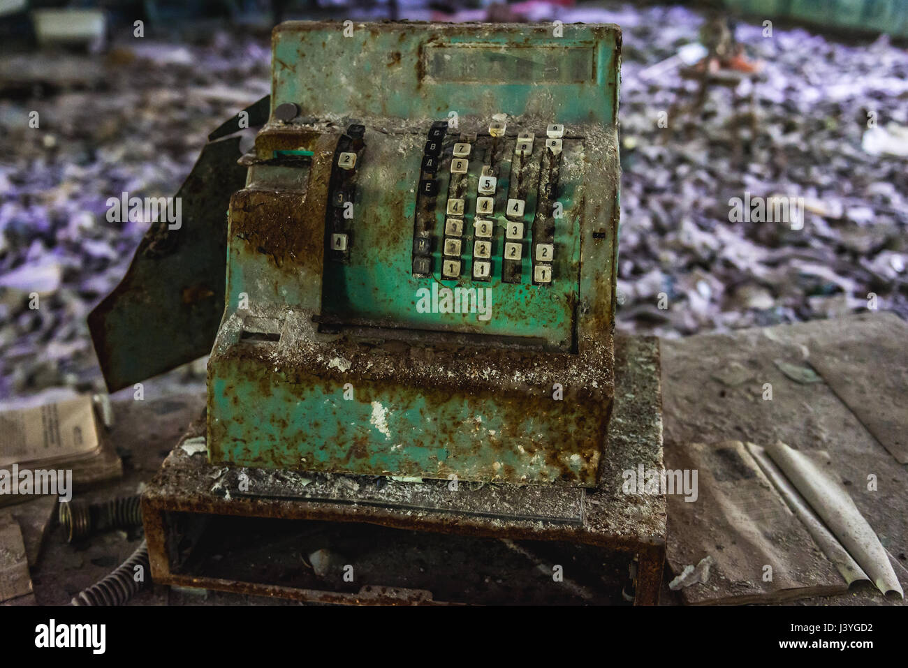 Old cash register in High school No 3 in Pripyat ghost city of Chernobyl Nuclear Power Plant Zone of Alienation in Ukraine Stock Photo