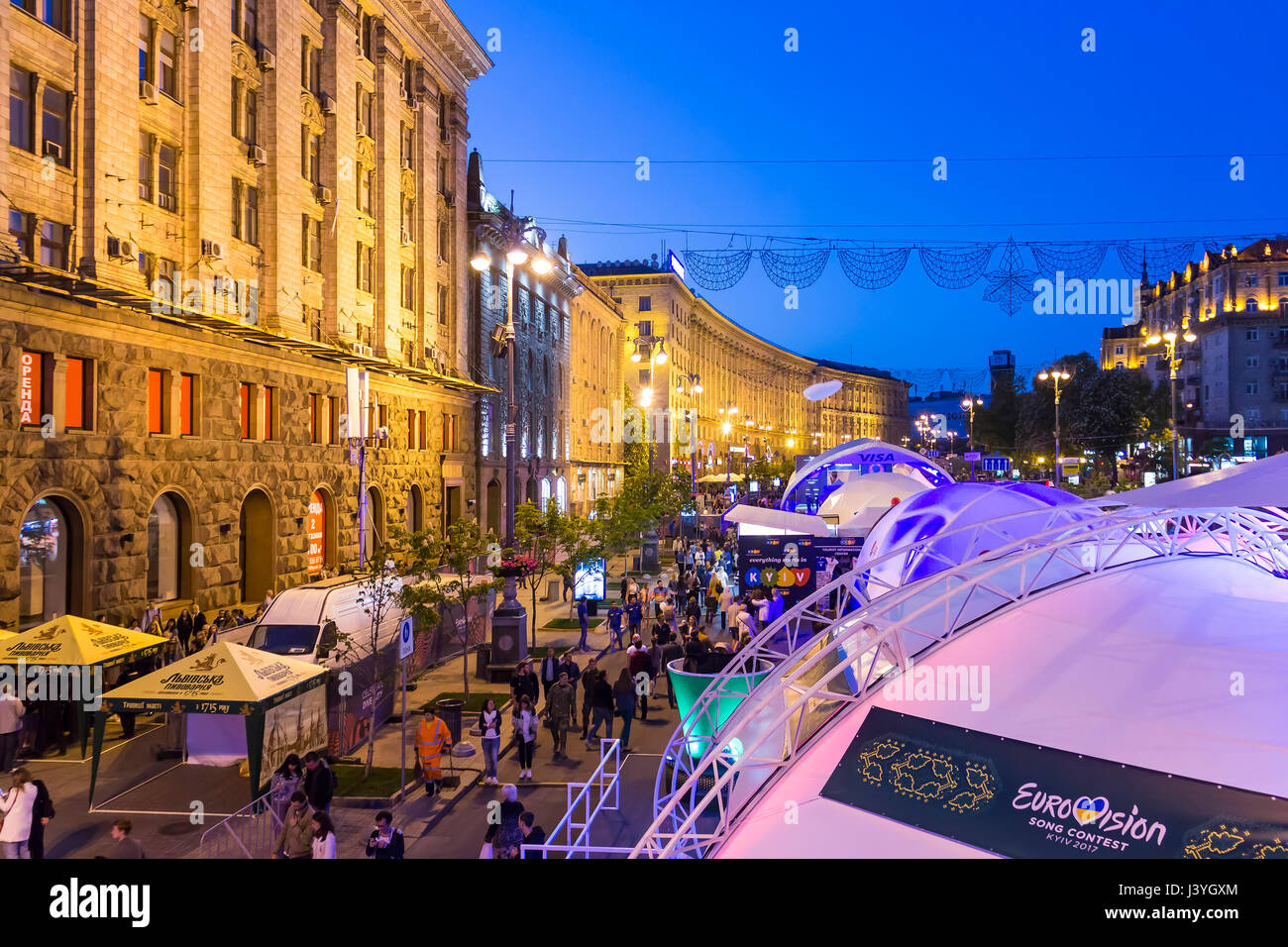 KYIV, UKRAINE - MAY 5, 2017: Eurovision village fun zone on Khreschatyk street in the evening Stock Photo
