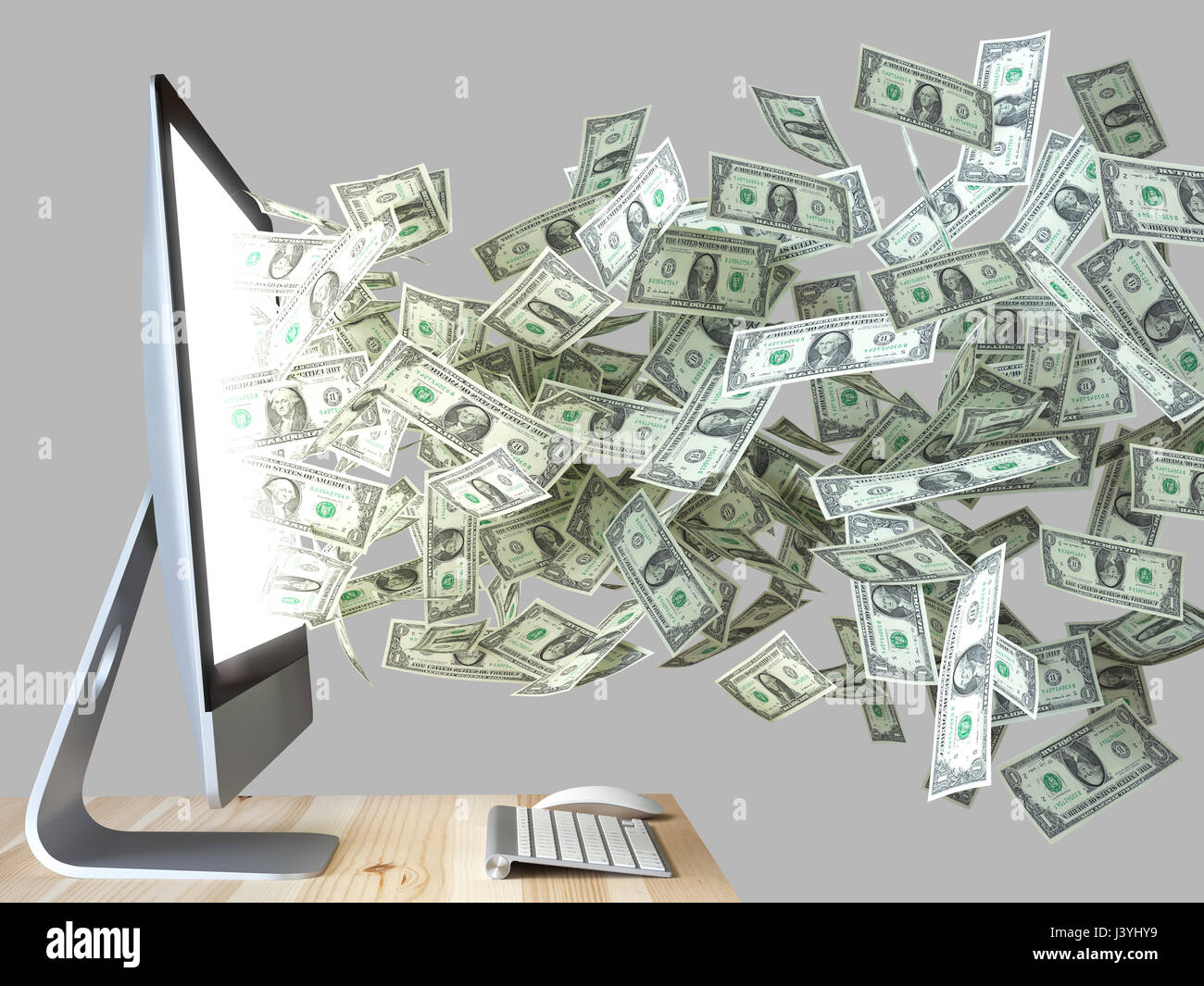 Money come out of pc monitor, make money Stock Photo