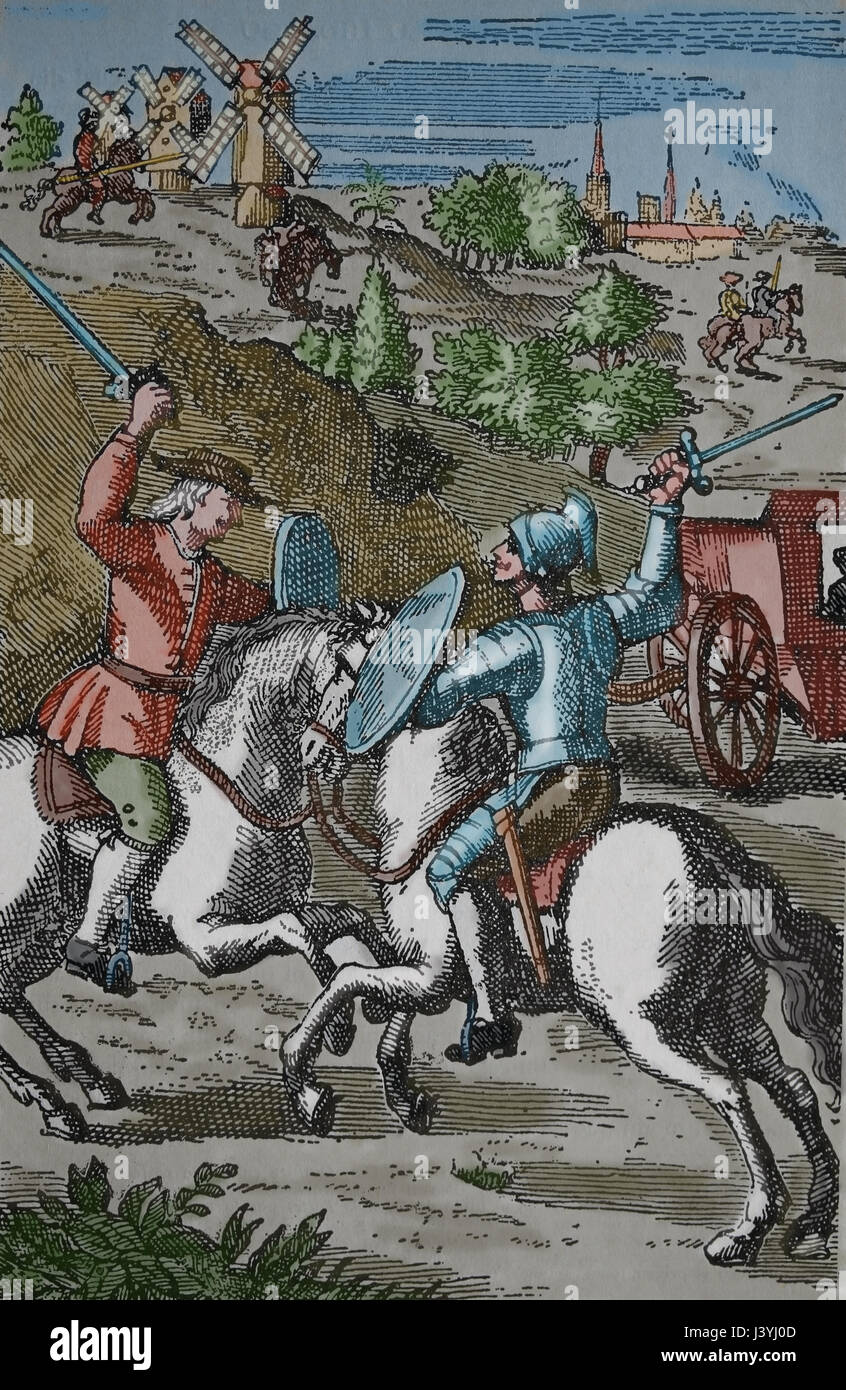 Don Quixote, Miguel de Cervantes. 17th cent.Don Quixote and Sancho fighting with the sword and in the background Don Quixote's is seen riding towards  Stock Photo