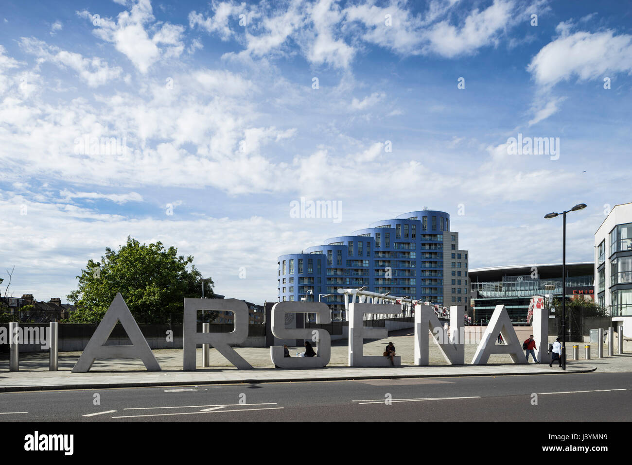 View across Danny Firman Bridge with Arsenal logo. Queensland Road, London, United Kingdom. Architect: CZWG Architects LLP, 2015. Stock Photo