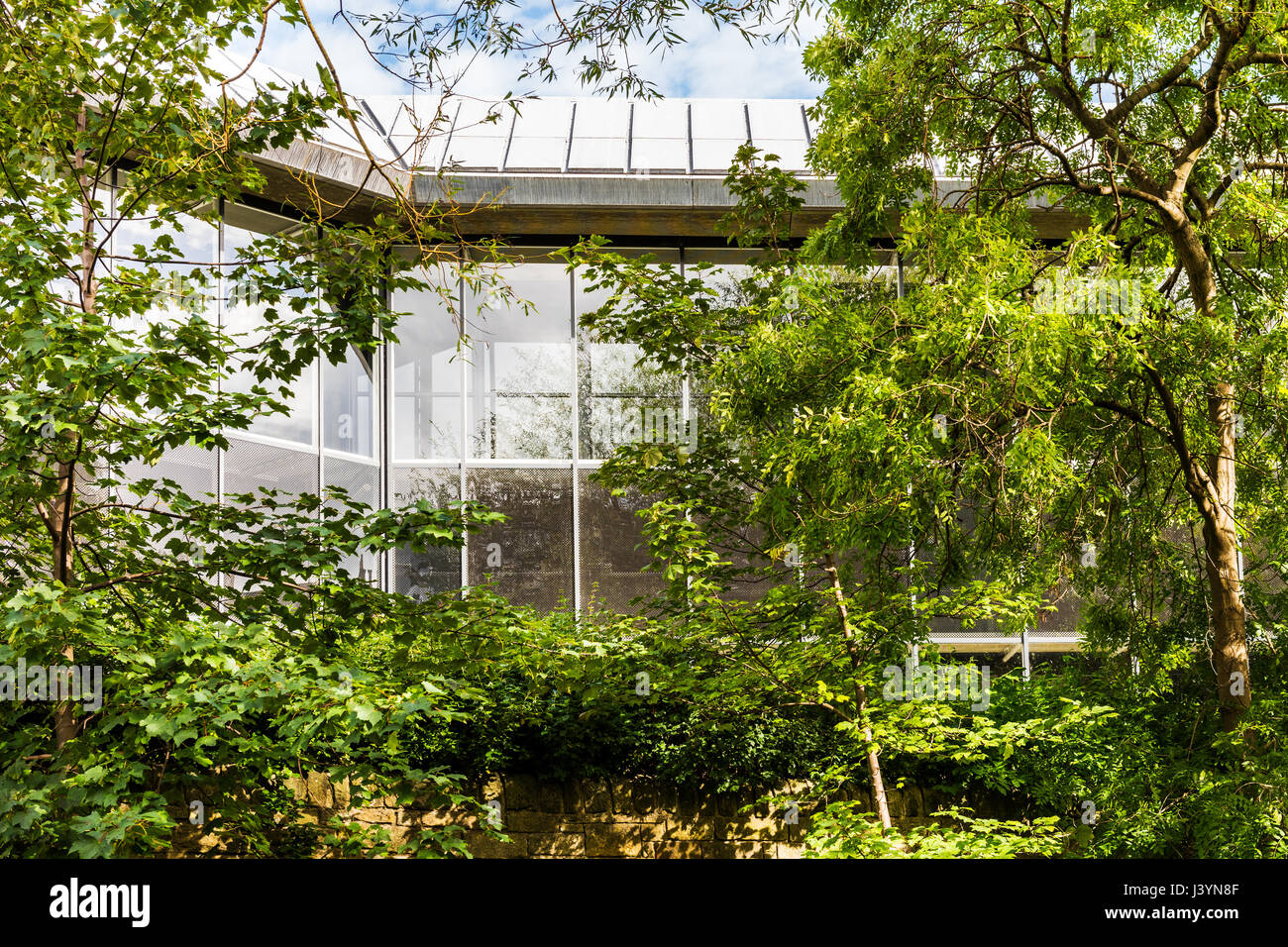 modern office building exterior with many windows, reflexions and trees Stock Photo