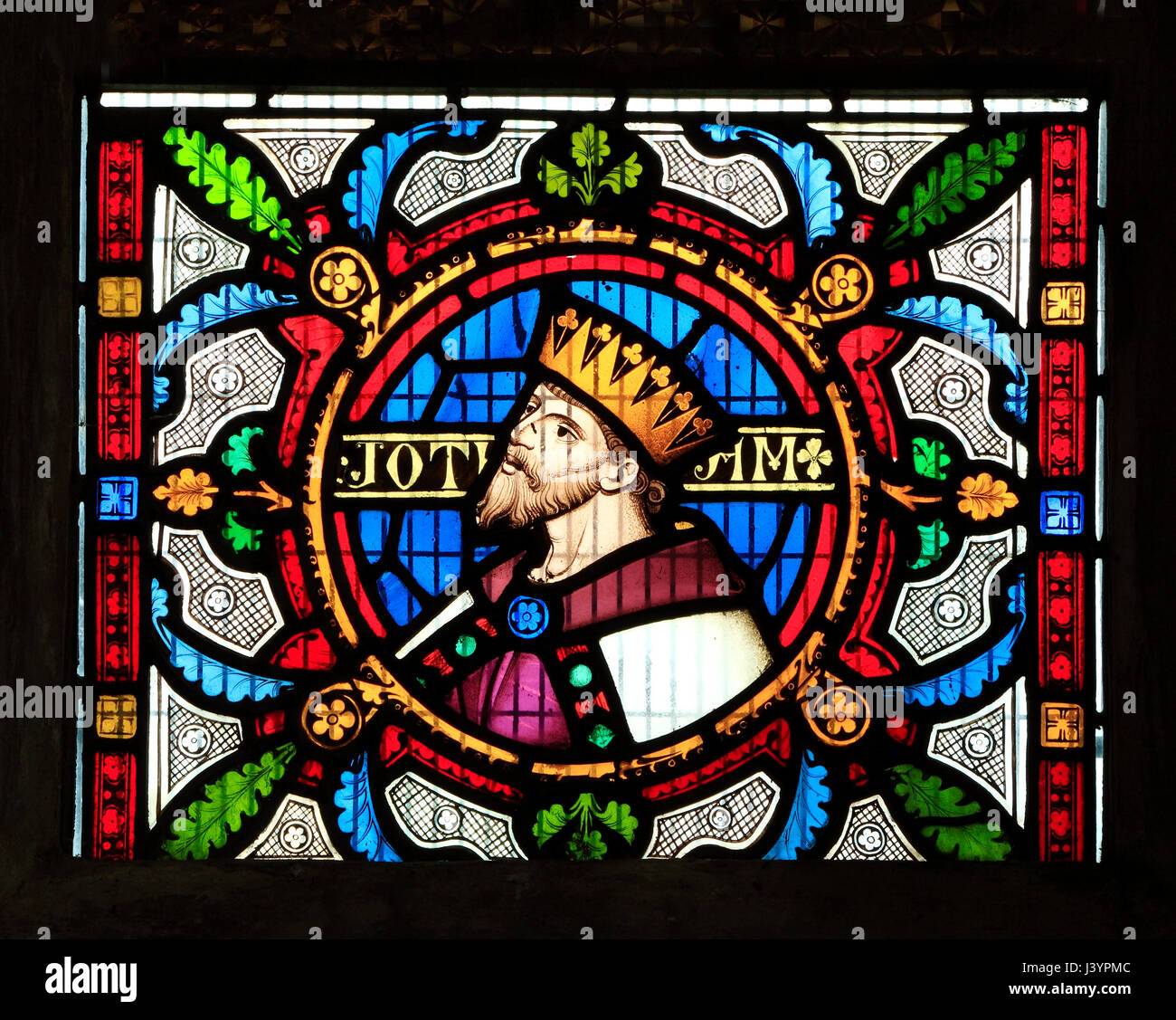 Jotham, King of Judah, detail from Story of Ruth, stained glass window by Robert Bayne of Heaton, Butler & Bayne, 1862, Sculthorpe, Norfolk England UK Stock Photo