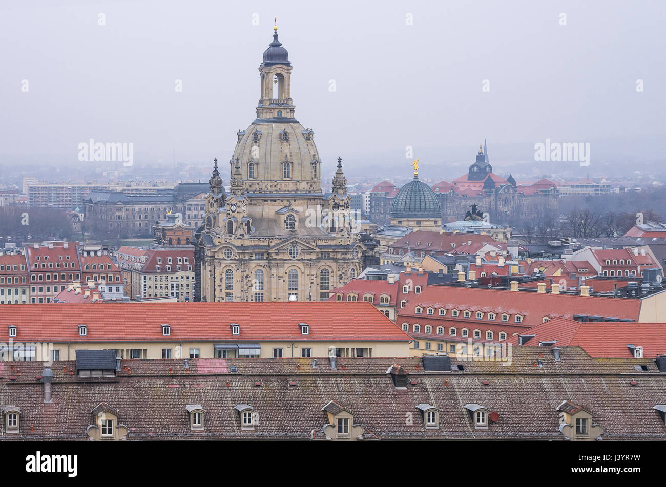 View of the Frauenkirche Church in the city of Dresden, Saxony, Germany, as seen as from the Kreuzkirche Church. Stock Photo
