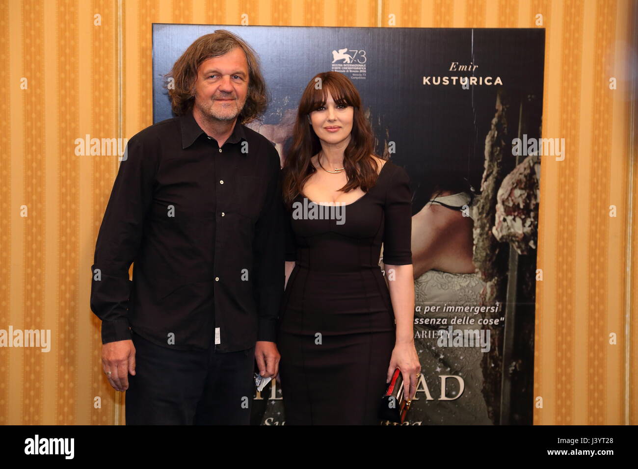 Rome, Italy. 8th May, 2017. Bosnian director and actor Emir Kusturica (L) and Italian actress Monica Bellucci (R) during photocall of the movie 'On The Milky Road'. Credit: PACIFIC PRESS/Alamy Live News Stock Photo