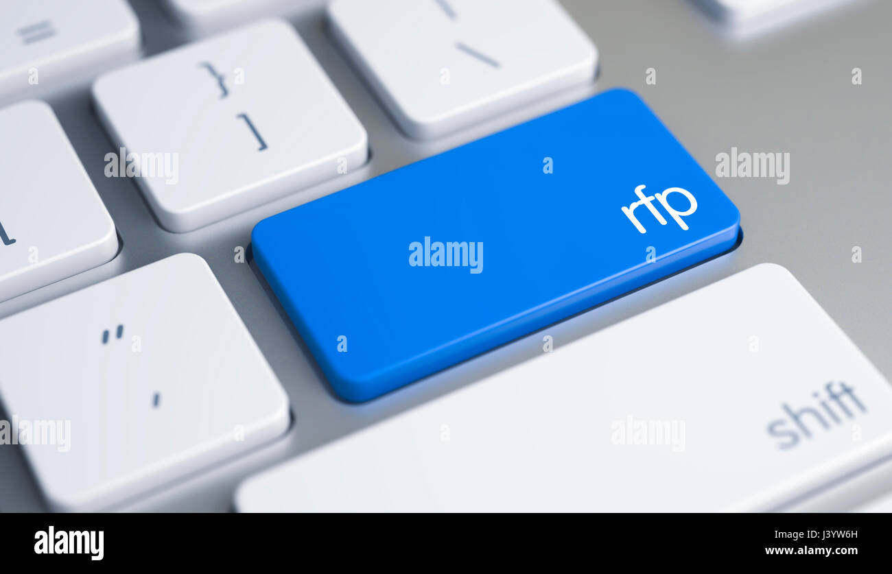 Rfp - Caption on the Blue Keyboard Keypad. 3D. Stock Photo