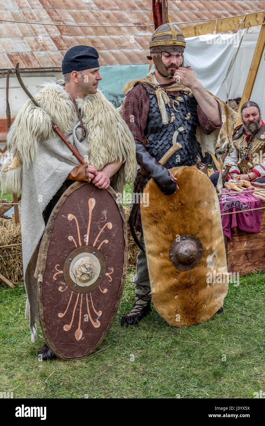ALBA IULIA, ROMANIA - APRIL 30, 2017: Dacian soldiers in battle costume, present at APULUM ROMAN FESTIVAL, organized by the City Hall. Stock Photo