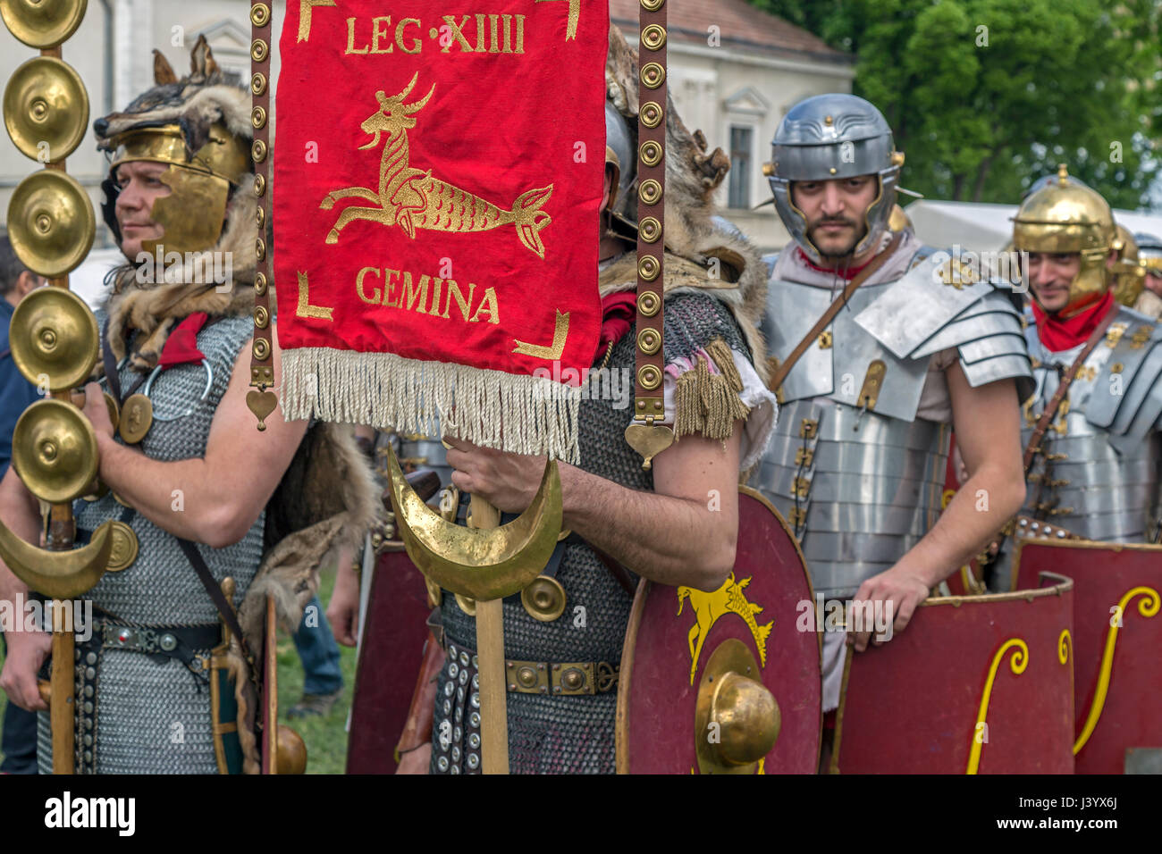 ALBA IULIA, ROMANIA - APRIL 30, 2017: Roman soldiers in battle costume, present at APULUM ROMAN FESTIVAL, organized by the City Hall. Stock Photo