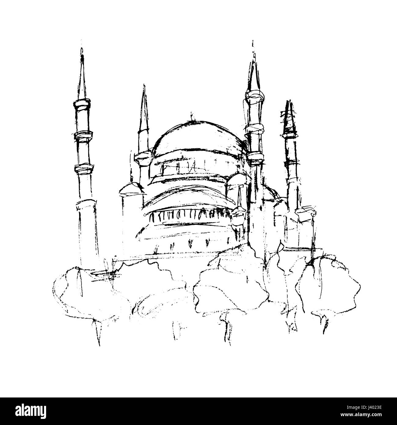 Traditional mosque tower building sketch, for Ramadan Kareem, architecture and culture object handdrawn in black ink or pencil on white background. Ve Stock Vector
