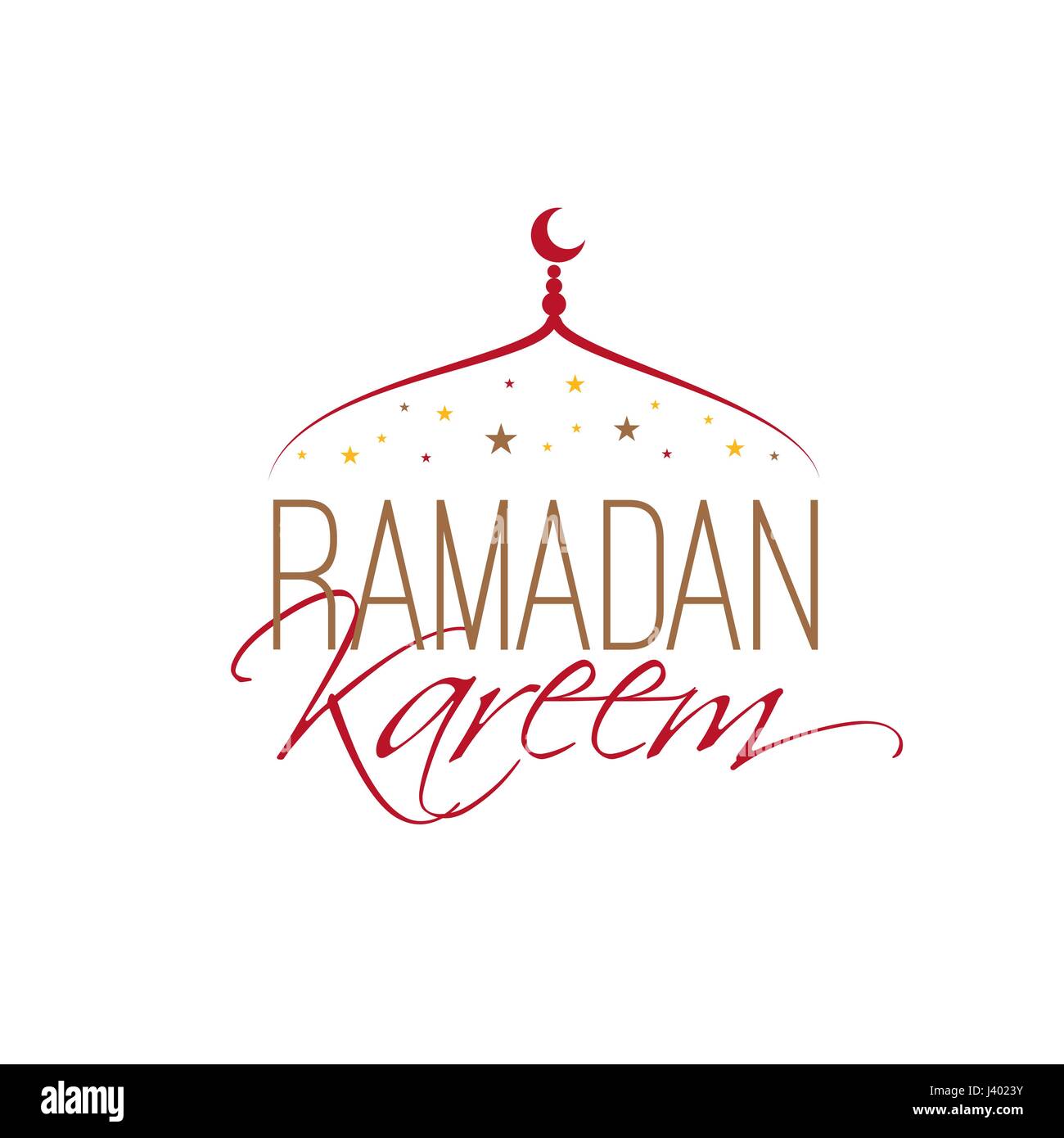 Line art onion-shaped mosque dome with crescent, stars and hand lettering Ramadan Kareem, religious holiday, creative card of arabic culture. Vector i Stock Vector
