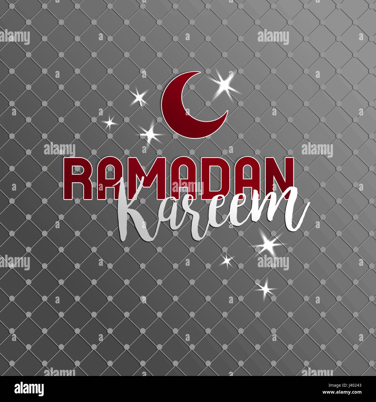 Ramadan kareem lettering, half moon, red and white color, poster for greeting, blessing month for all muslims, rich silver background. Vector illustra Stock Vector