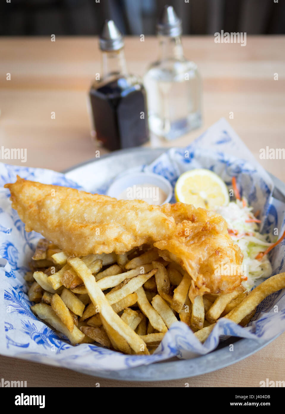 Fish and chips (haddock and chips) from Grandin Fish 'N' Chips, a popular fish and chips shop in Edmonton, Alberta, Canada. Stock Photo