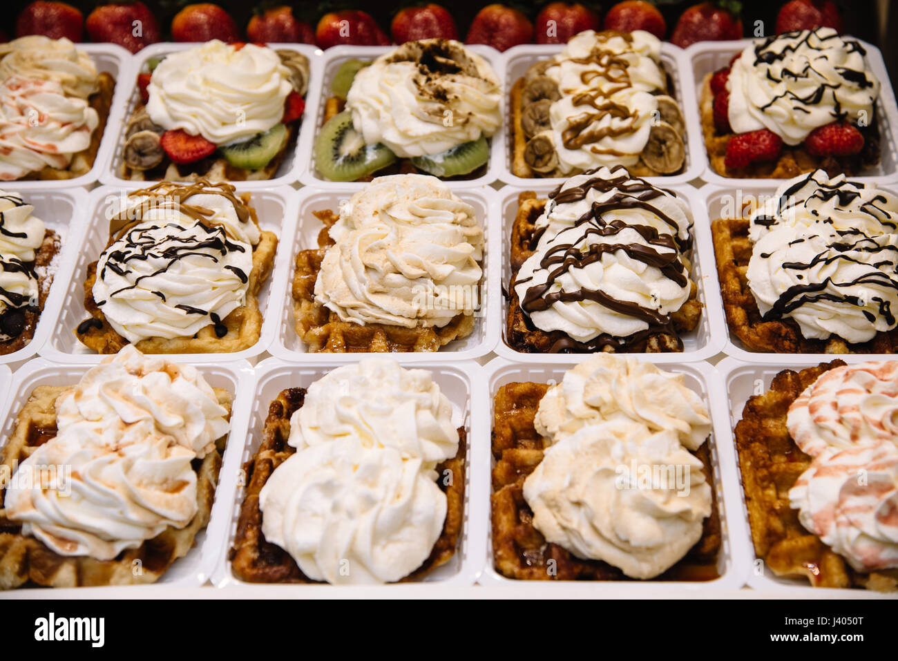 Selection of Belgian Waffles with cream in Brussels Stock Photo