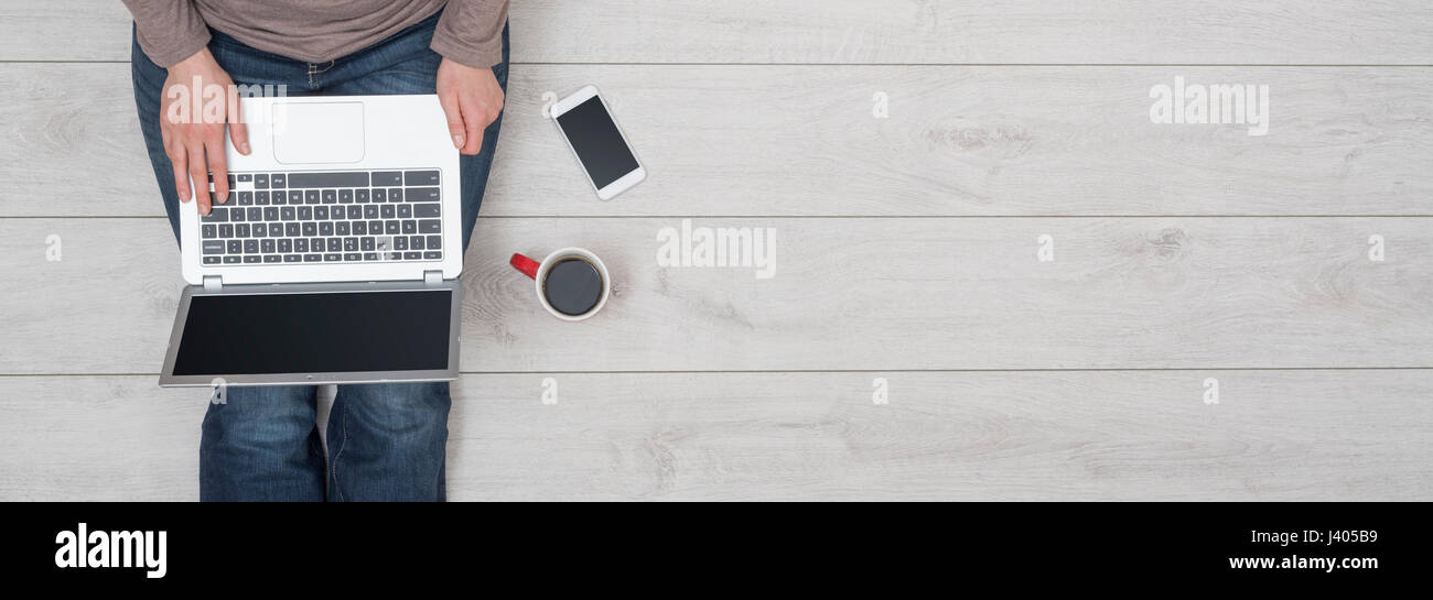 woman using laptop header with copy space Stock Photo - Alamy