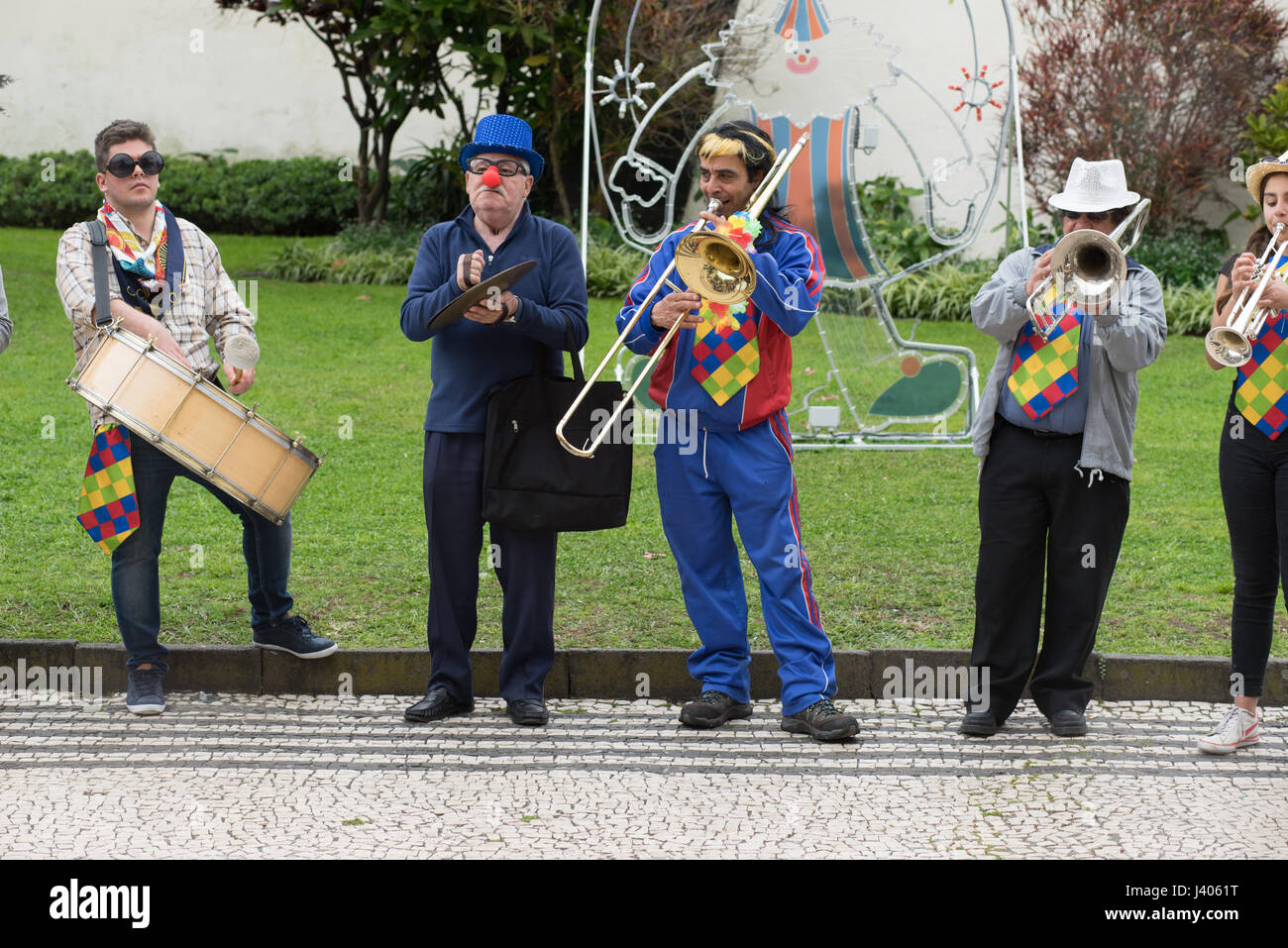 Musicians in a street band in Funchal, Madeira Stock Photo