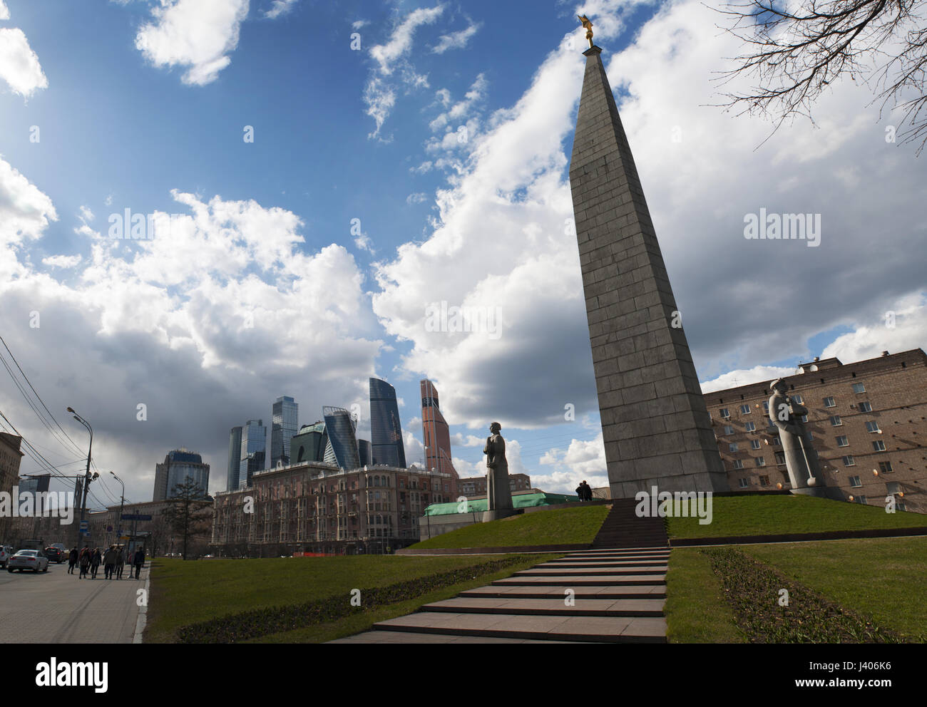The skyline of Moscow City and the Hero City Obelisk, a 40-meter monument devoted to Lenin and to the men and the women who died in World War II Stock Photo
