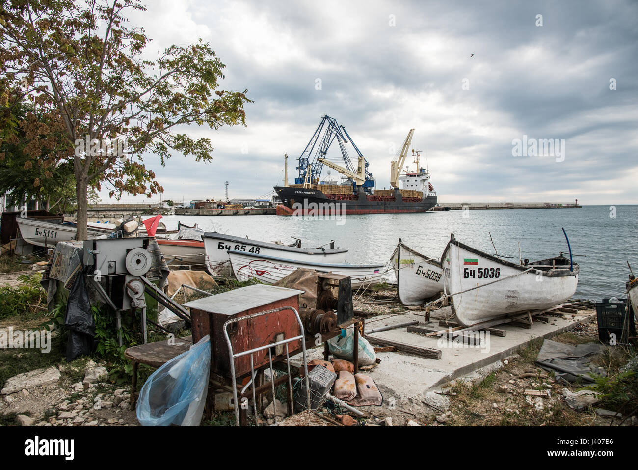 The Farah Princess cargo ship in port at Balchik, a Black Sea coastal town and seaside resort in the Southern Dobruja area of northeastern Bulgaria. T Stock Photo