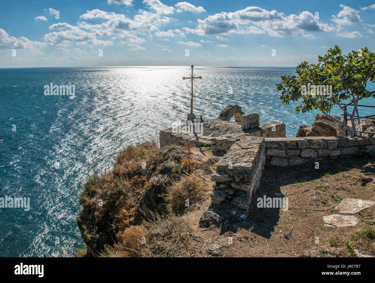 Small church at the end of Kaliakra headland in the Southern Dobruja region of the northern Bulgarian Black Sea Coast. Stock Photo