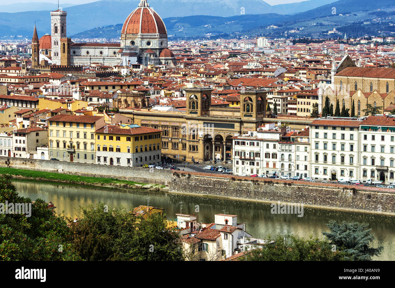 Panoramic view from the Piazzale Michelangelo of beautiful Florence on the banks of Arno River, Italy Stock Photo