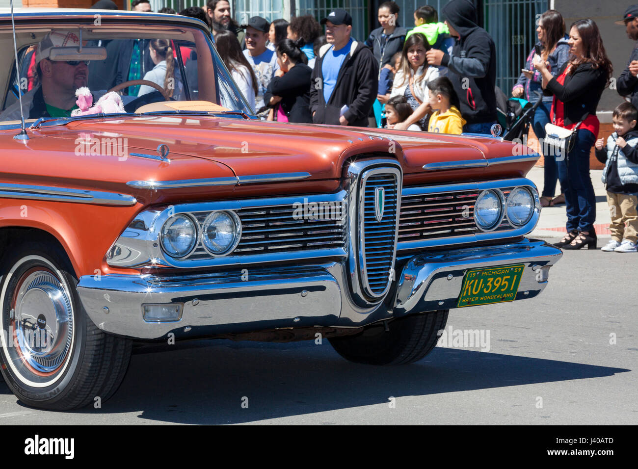 Detroit, Michigan - An Edsel in the annual Cinco de Mayo parade in the Mexican-American neighborhood of southwest Detroit. Stock Photo