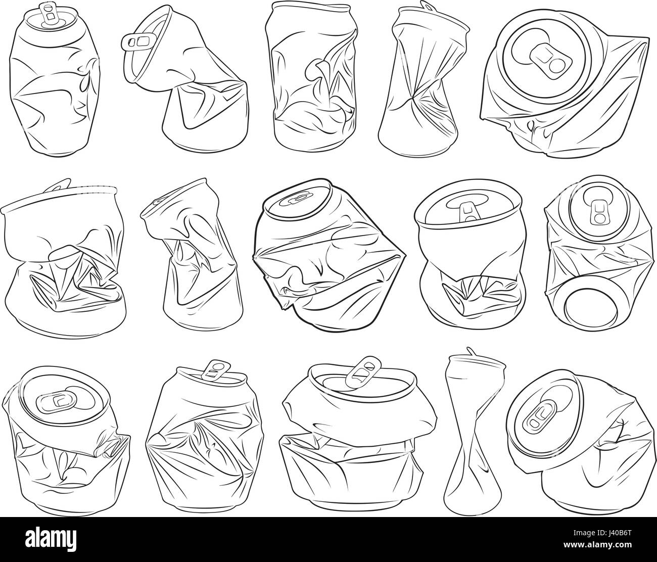 Set of different crushed cans isolated on white Stock Vector