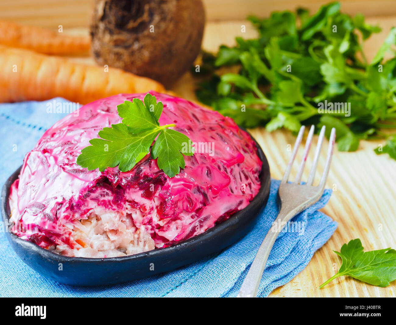 herring under a fur coat and ingredients Stock Photo Alamy