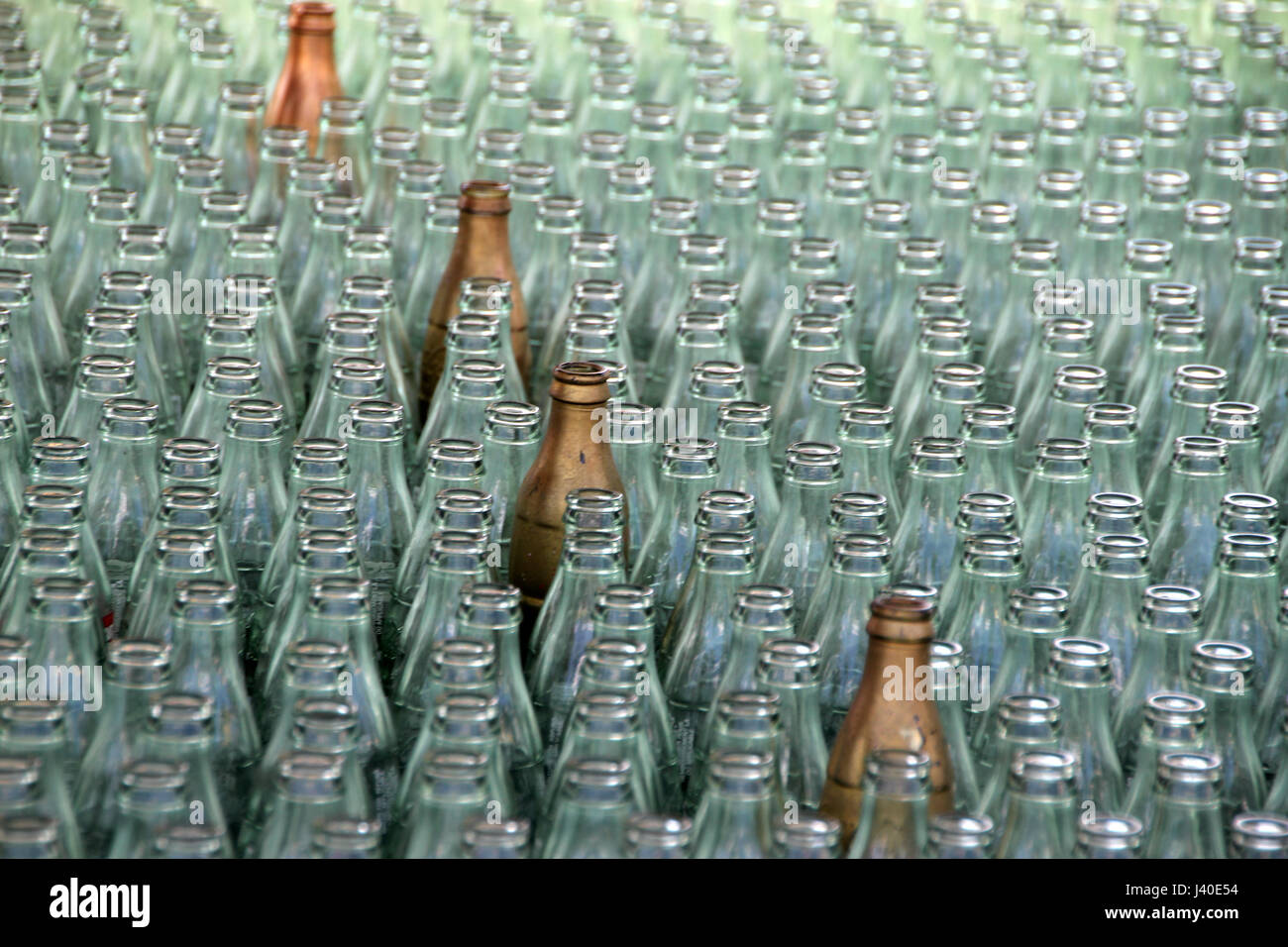 Glass bottles together with select golden bottles. Ring toss game Stock